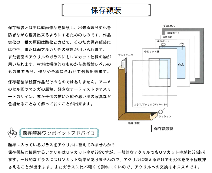 保存 額装 保管 保護 作品 絵画 セル画 マンガ 原稿 サイン UVカット アクリル 地震 震災 ガラス 破損